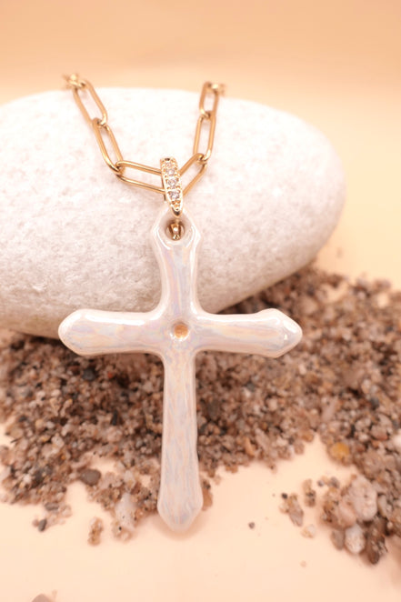 Sautoir Croix Blanche/Nacré