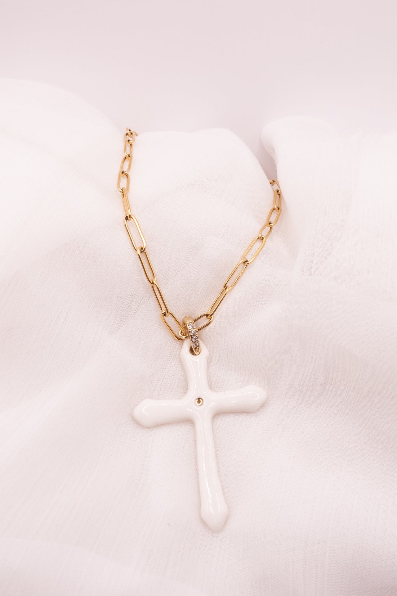 Sautoir Croix Blanche/Nacré