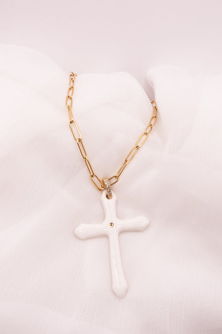Sautoir Croix Blanche/Nacré