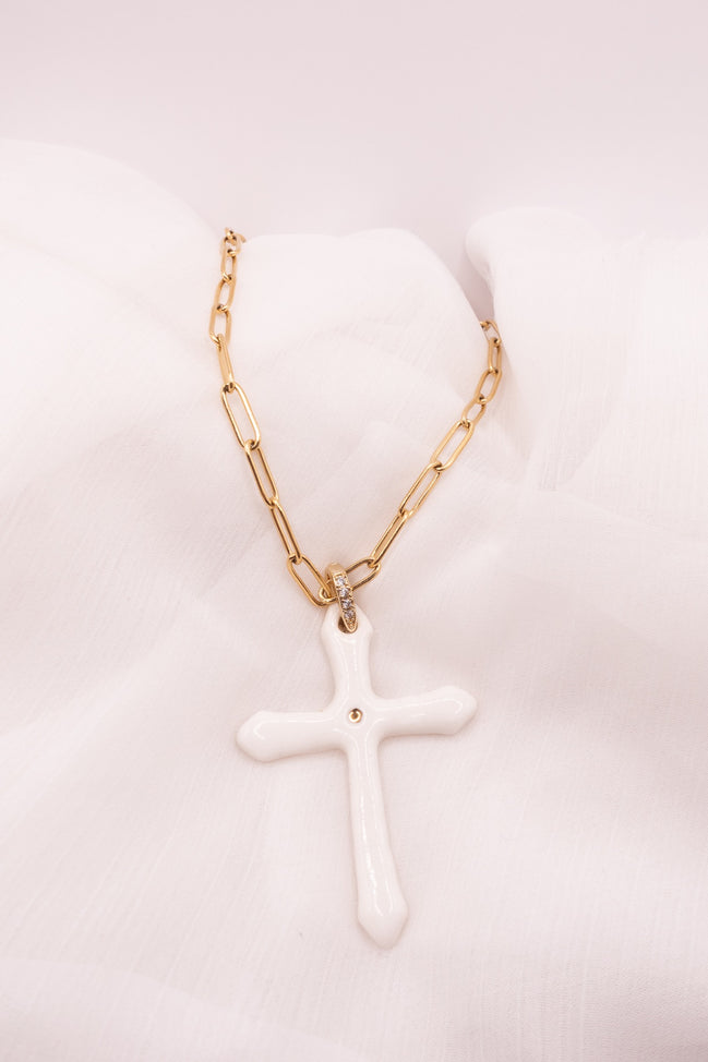 Sautoir Croix Blanche/Nacré