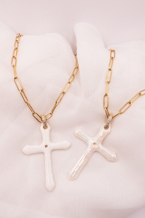 Sautoir Croix Blanche/Nacré