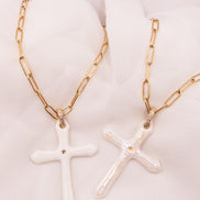 Sautoir Croix Blanche/Nacré
