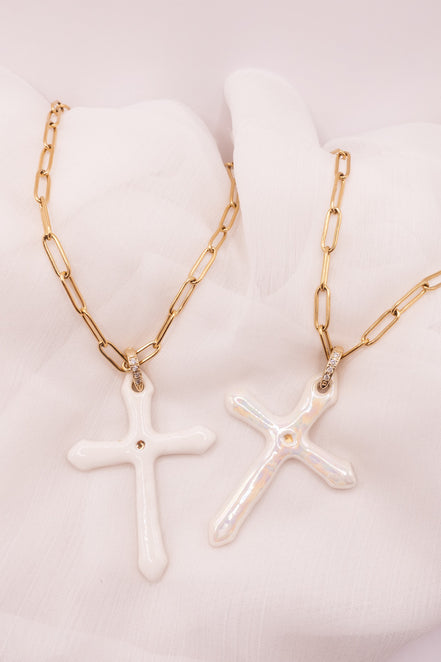 Sautoir Croix Blanche/Nacré