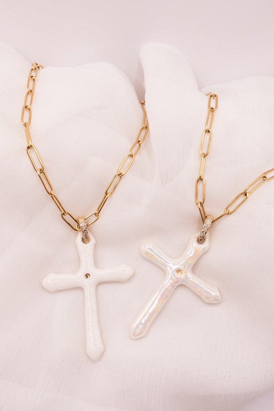 Sautoir Croix Blanche/Nacré